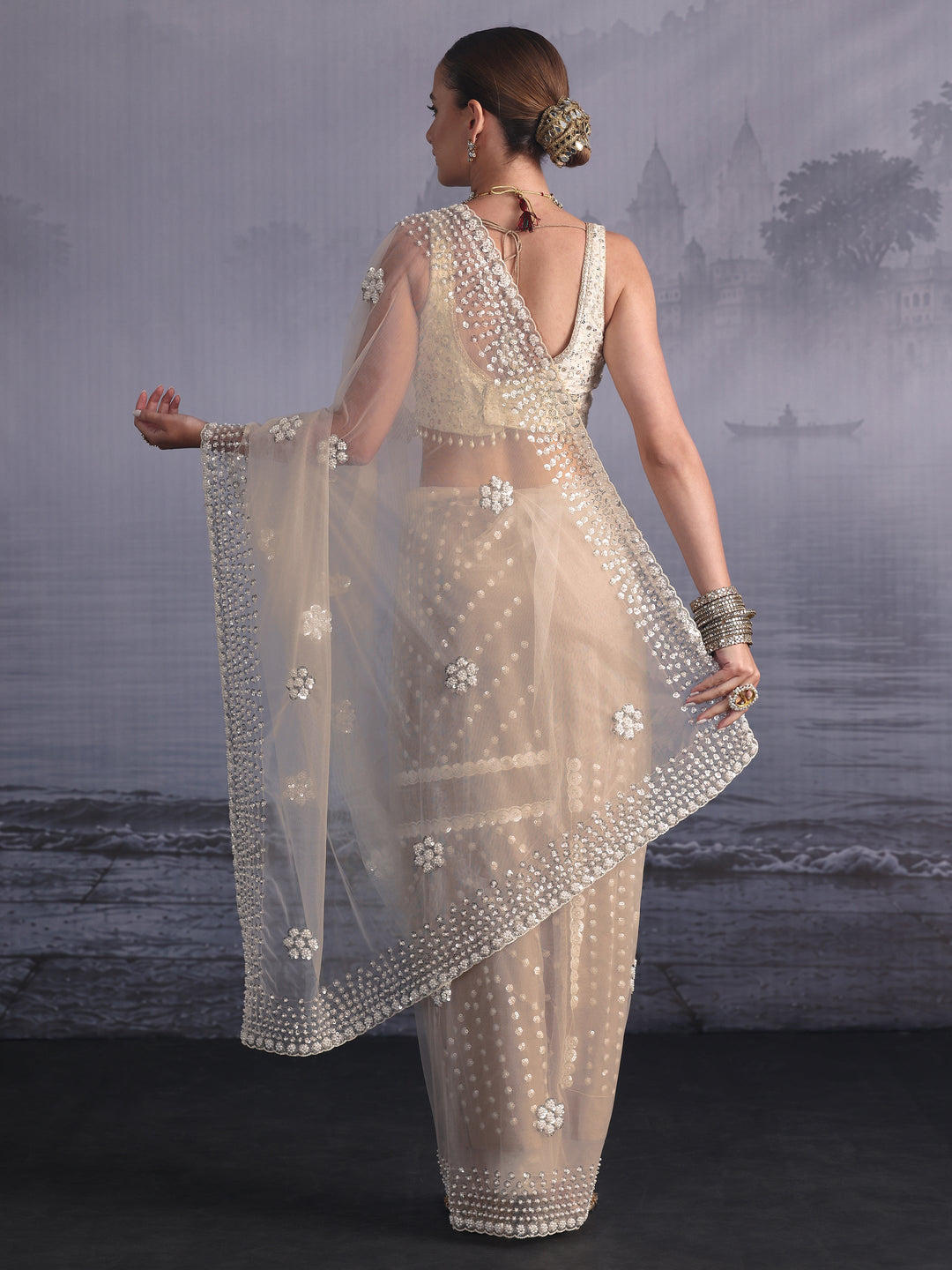  Libas Art Cream Floral Sequin Embellished Net Saree 