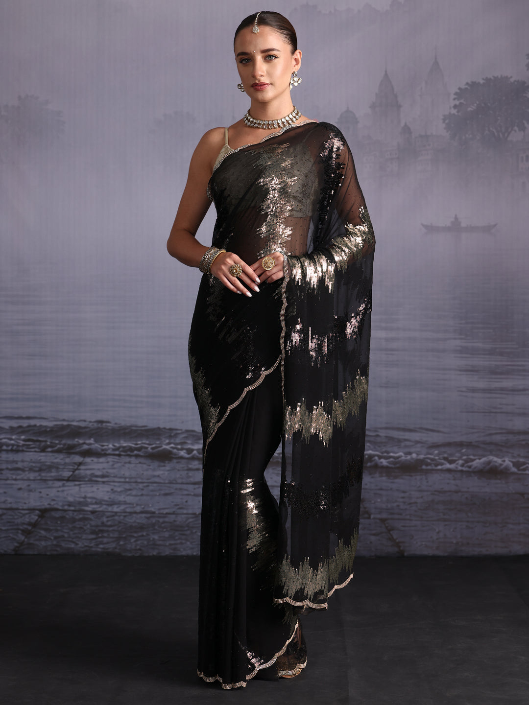 Libas Black Sequin and Stone Work Embellished Georgette Saree 
