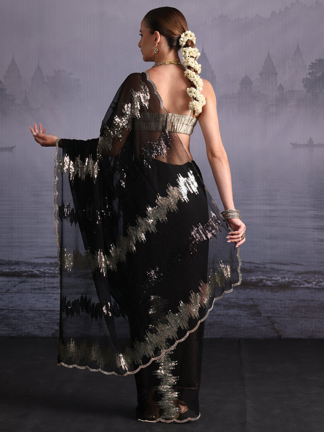  Libas Black Sequin and Stone Work Embellished Georgette Saree 