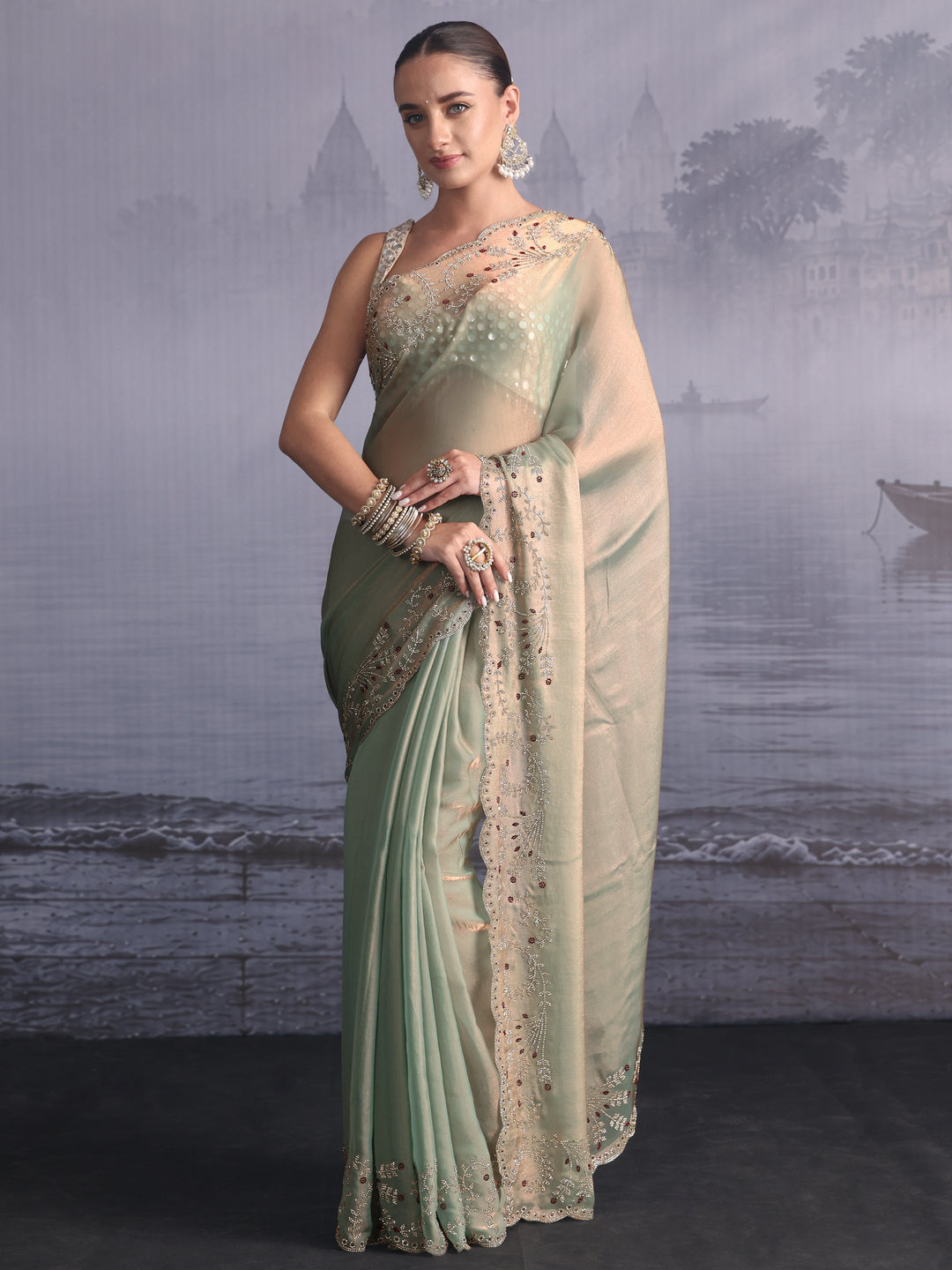  Libas Art Mint Green Tissue Saree with Embellished Scalloped Border 
