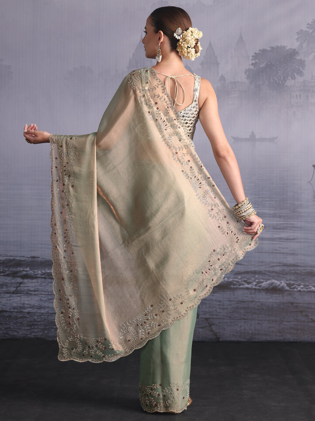  Libas Art Mint Green Tissue Saree with Embellished Scalloped Border 