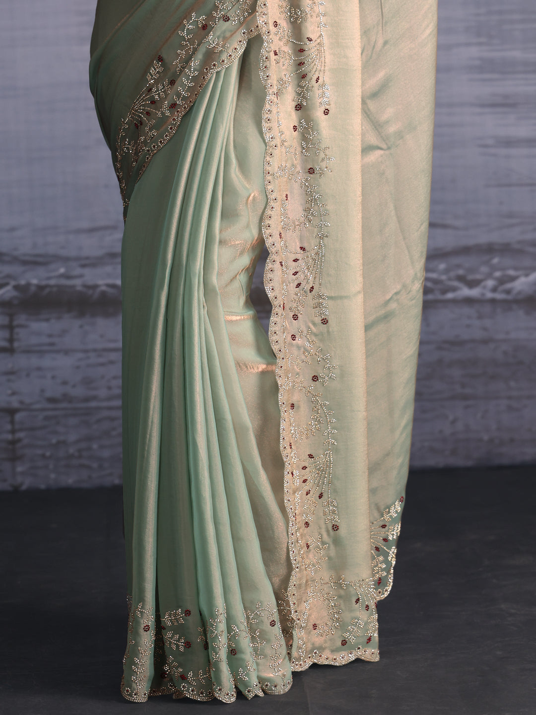  Libas Art Mint Green Tissue Saree with Embellished Scalloped Border 