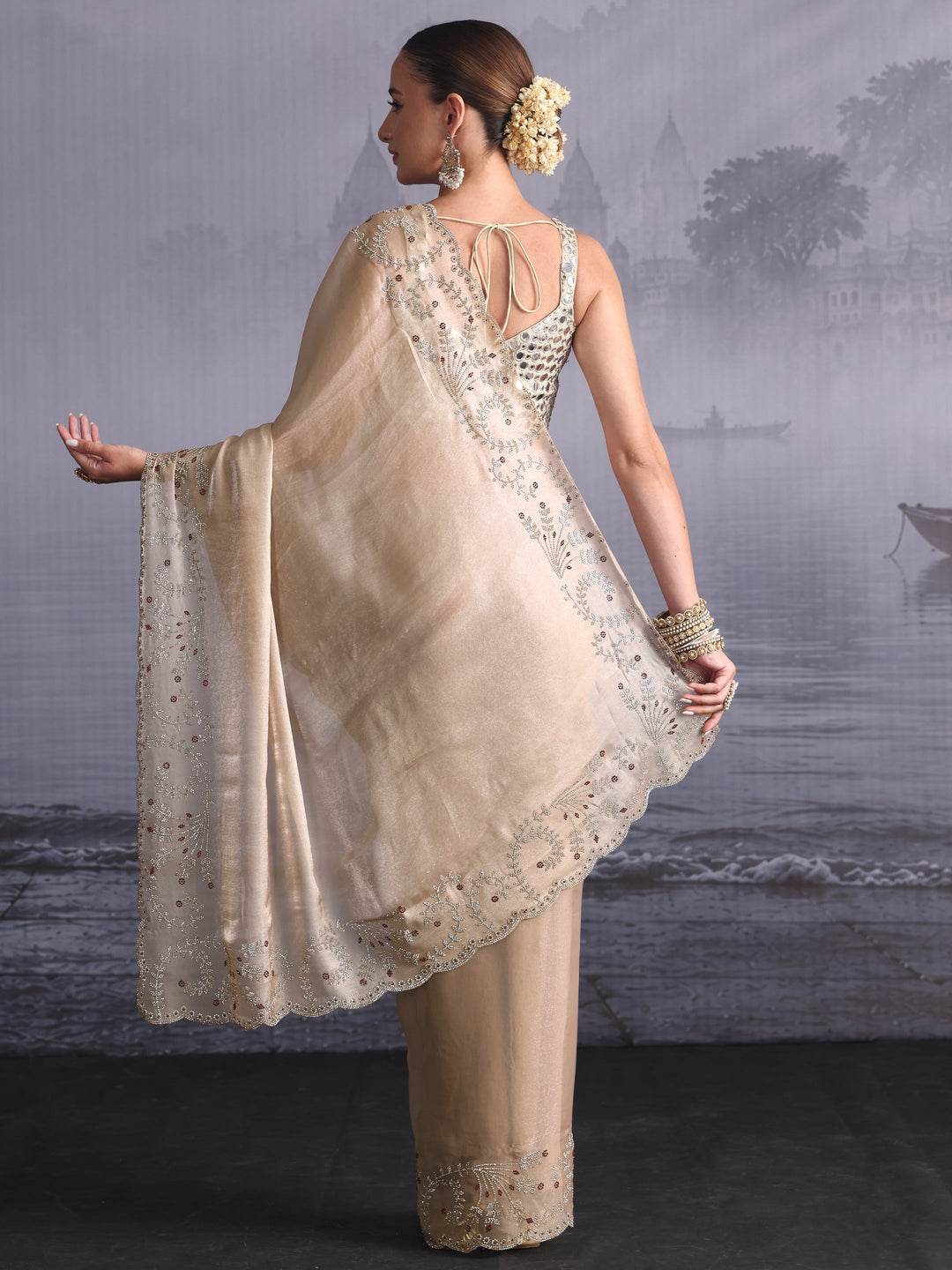  Libas Art Beige Tissue Saree with Embellished Scalloped Border 