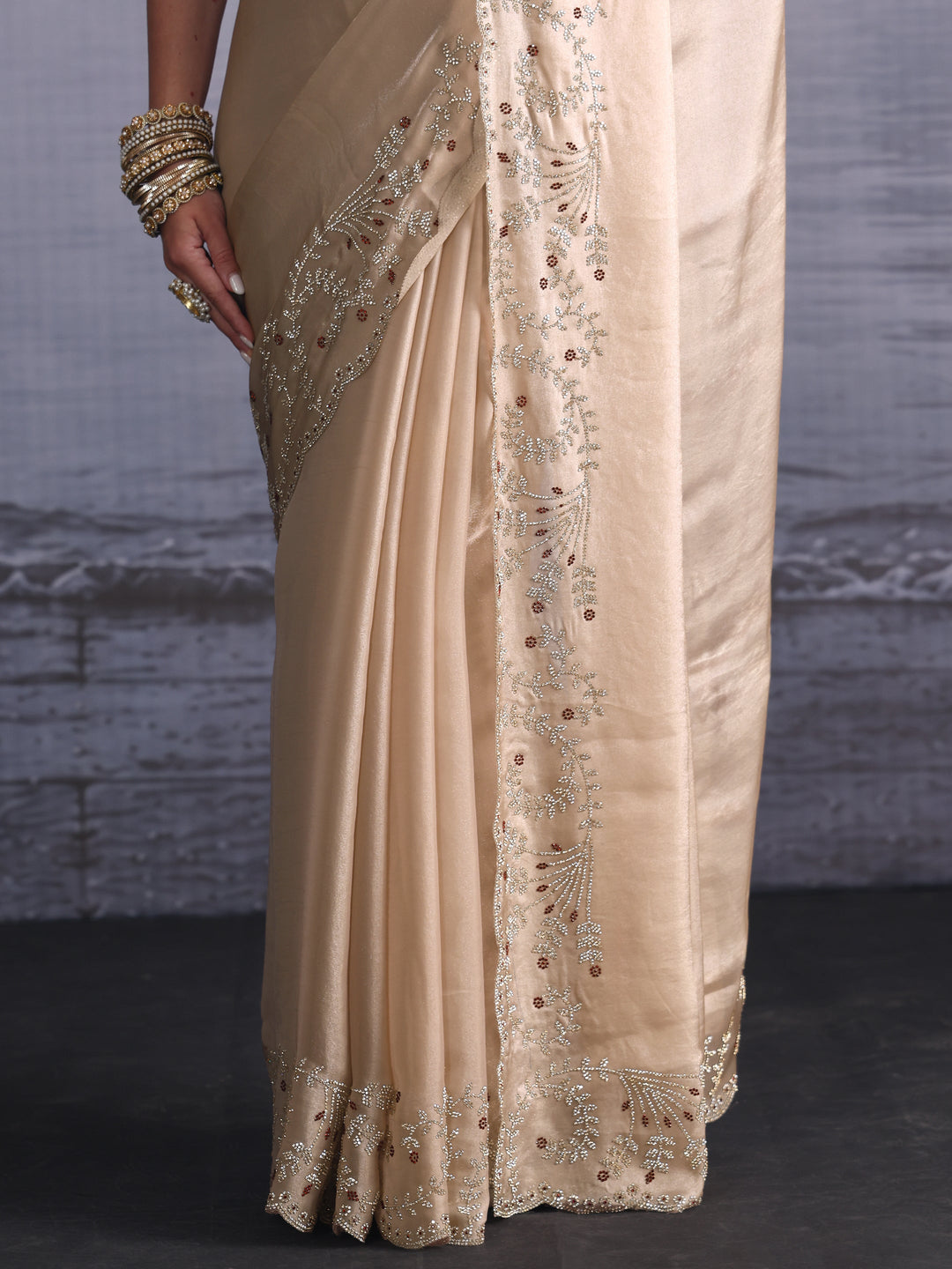  Libas Art Beige Tissue Saree with Embellished Scalloped Border 