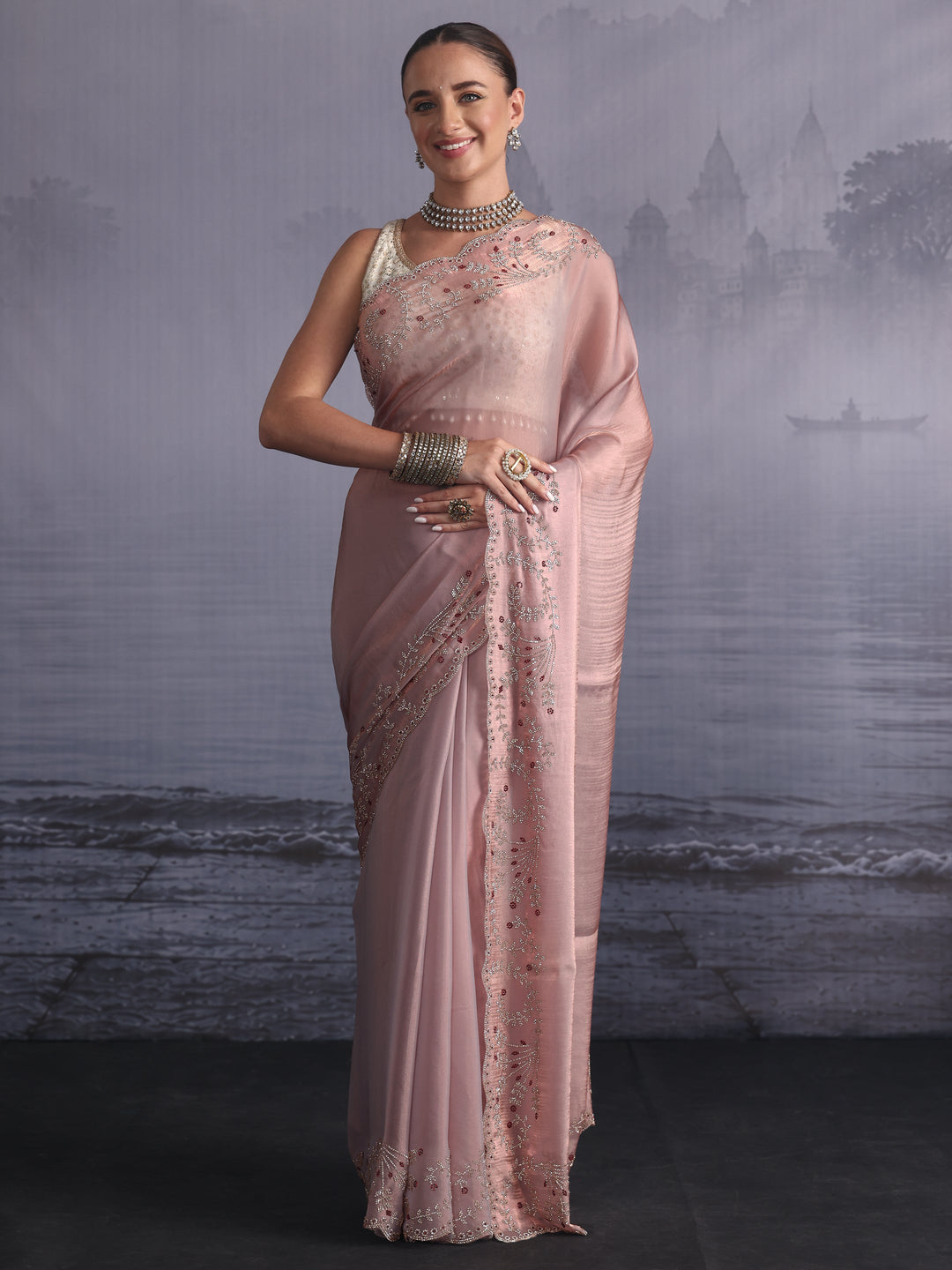  Libas Art Lavender Tissue Saree with Embellished Scalloped Border 