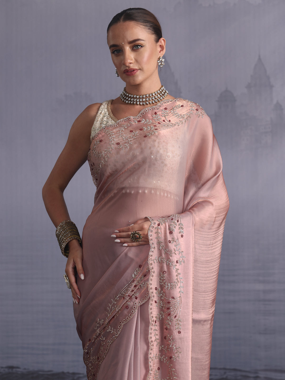  Libas Art Lavender Tissue Saree with Embellished Scalloped Border 