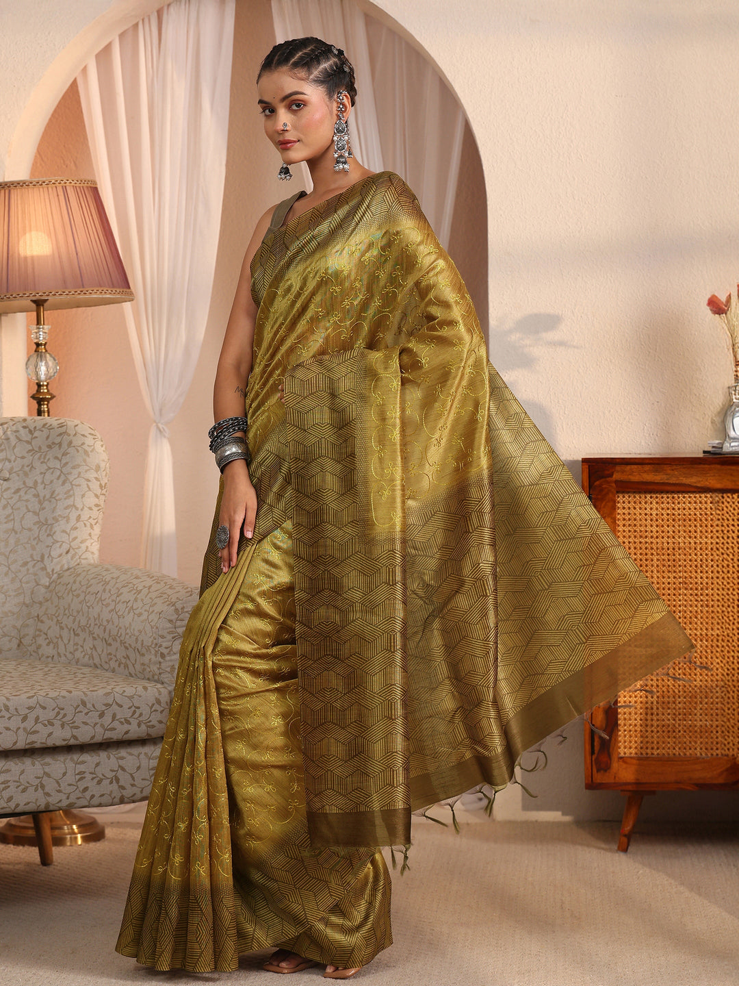  Libas Henna Green Floral Embroidered Silk Blend Saree 