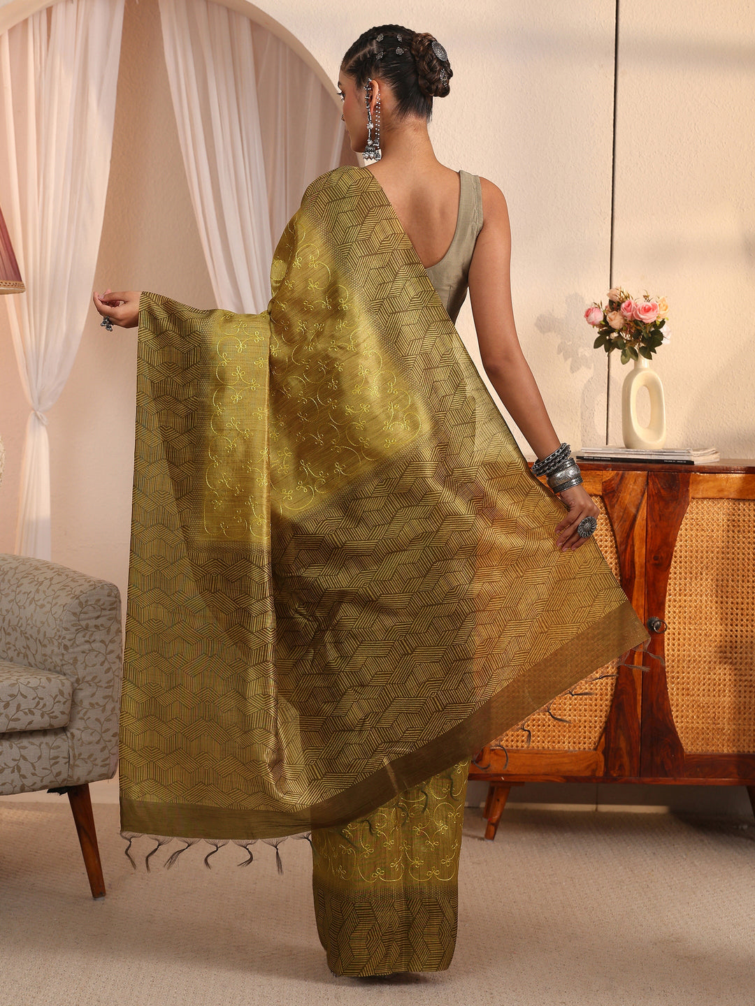  Libas Henna Green Floral Embroidered Silk Blend Saree 
