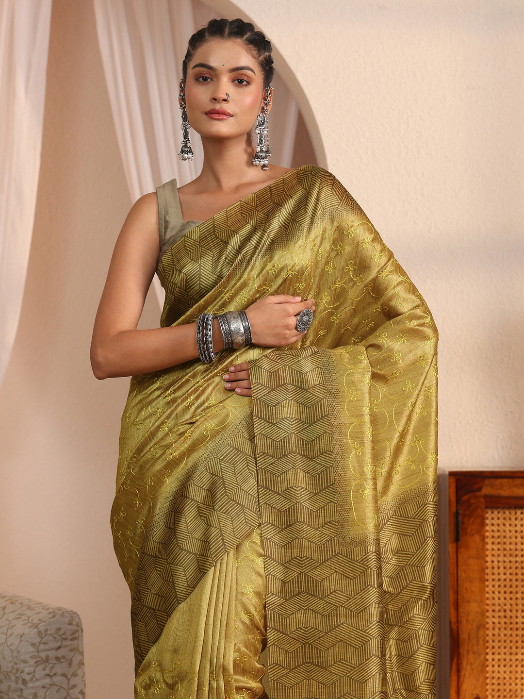  Libas Henna Green Floral Embroidered Silk Blend Saree 