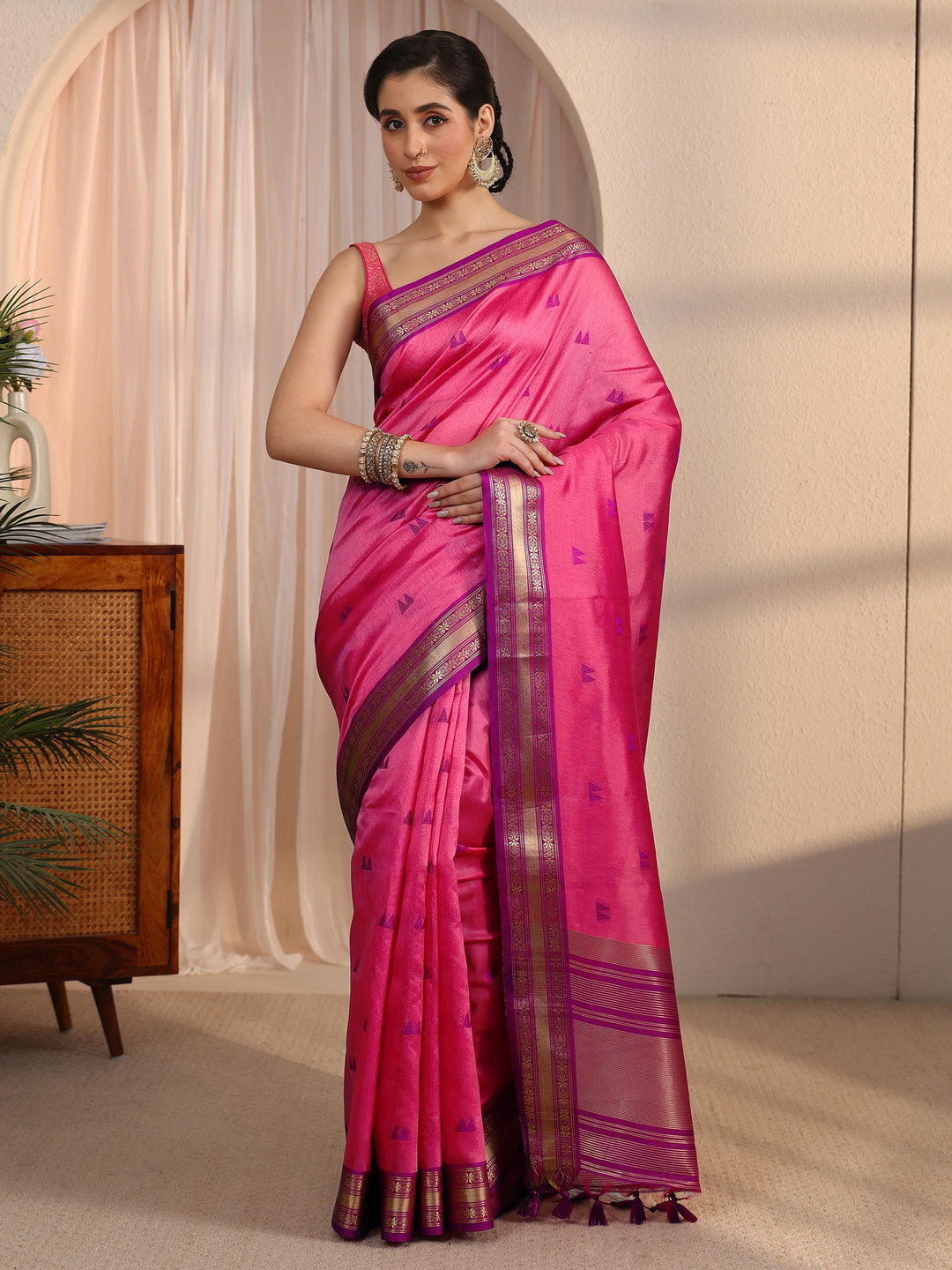  Libas Pink Ethnic Woven Design Silk Blend Tassel Saree 