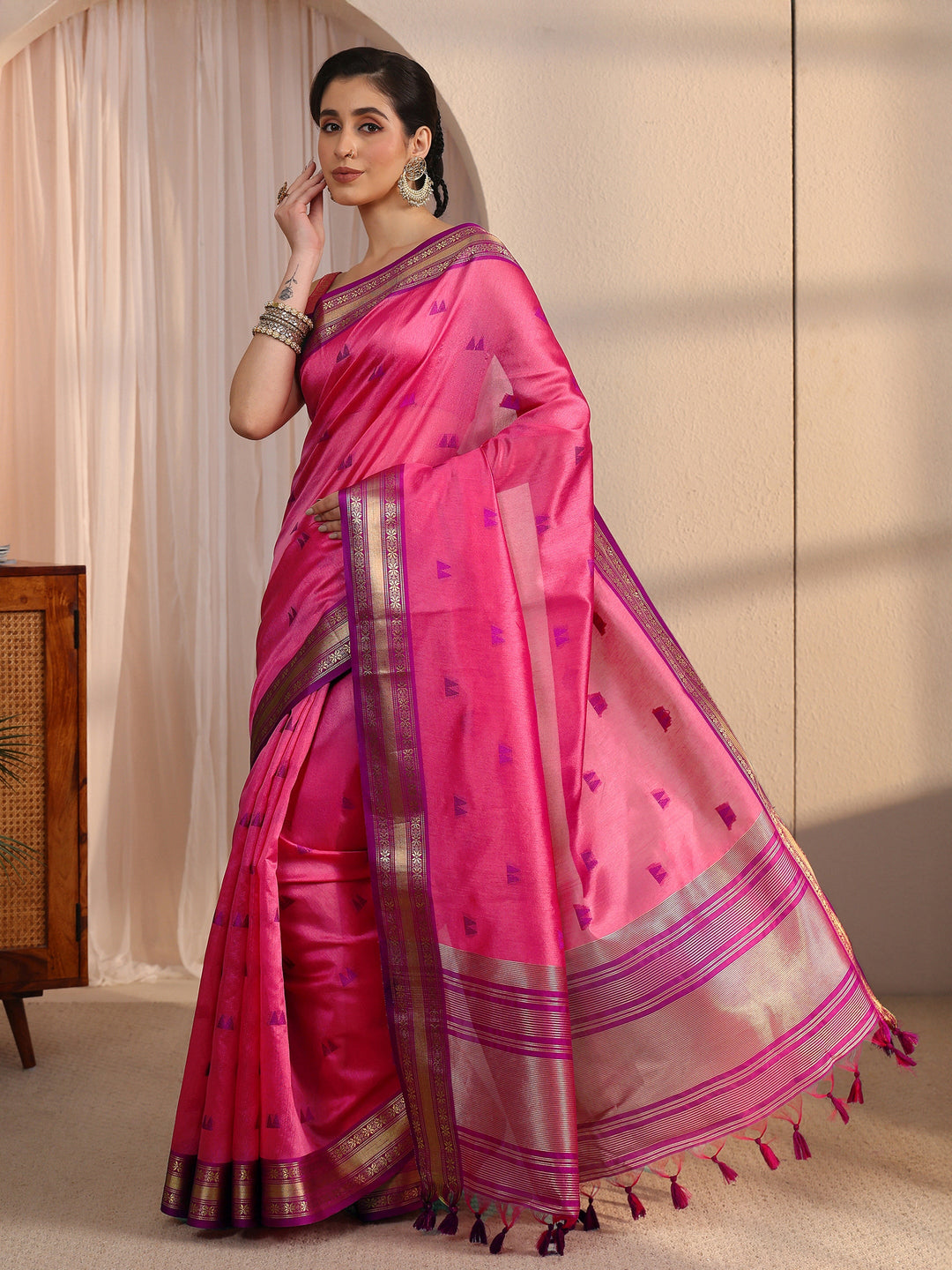  Libas Pink Ethnic Woven Design Silk Blend Tassel Saree 