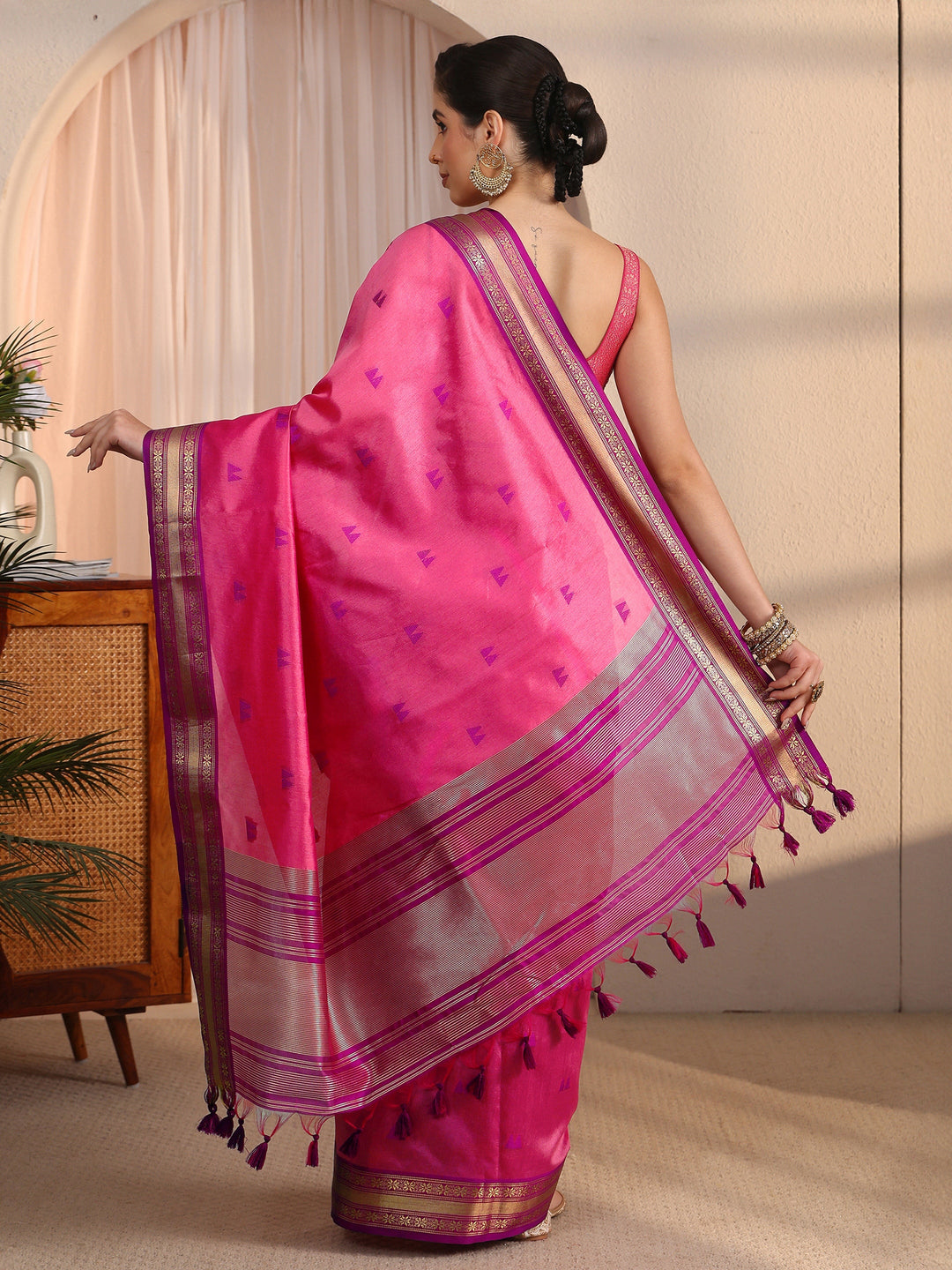  Libas Pink Ethnic Woven Design Silk Blend Tassel Saree 