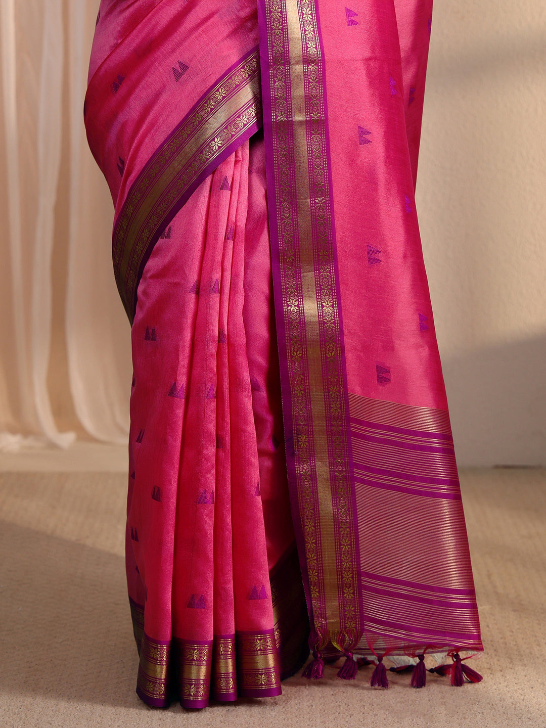  Libas Pink Ethnic Woven Design Silk Blend Tassel Saree 