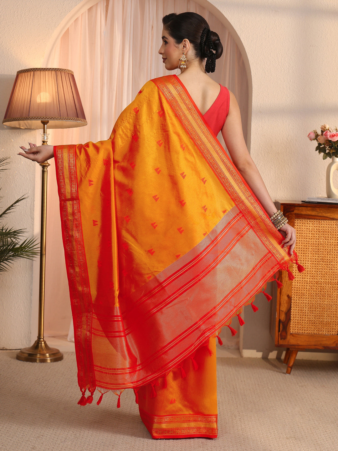  Libas Orange Ethnic Woven Design Silk Blend Tassel Saree 