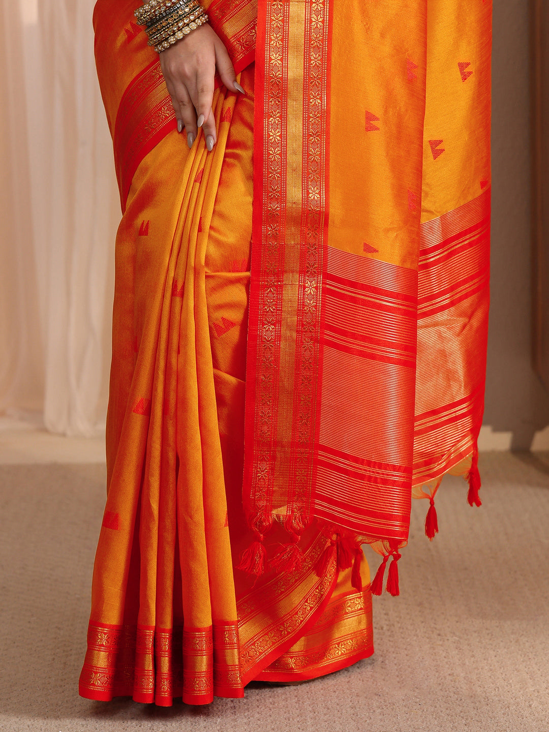  Libas Orange Ethnic Woven Design Silk Blend Tassel Saree 