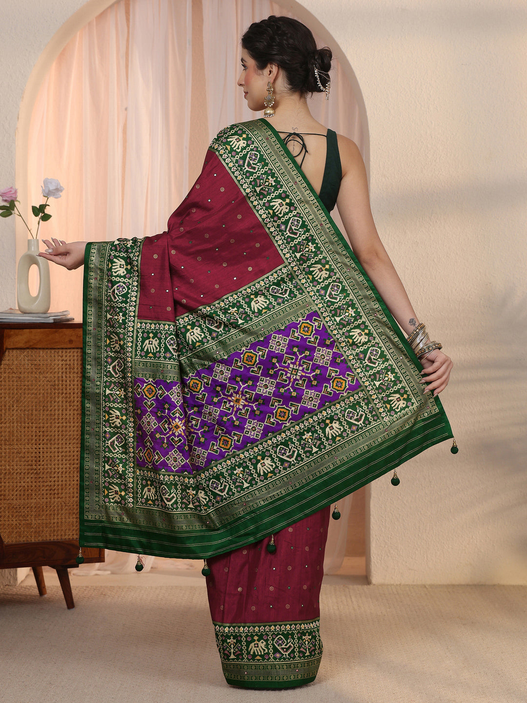  Libas Maroon Mirror Work Silk Blend Saree with Patola Border 