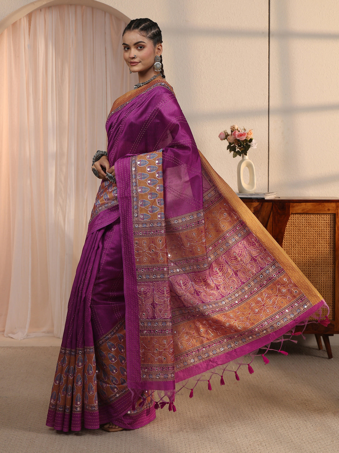 Libas Purple Printed Silk Blend Tassel Saree with Mirror Work 