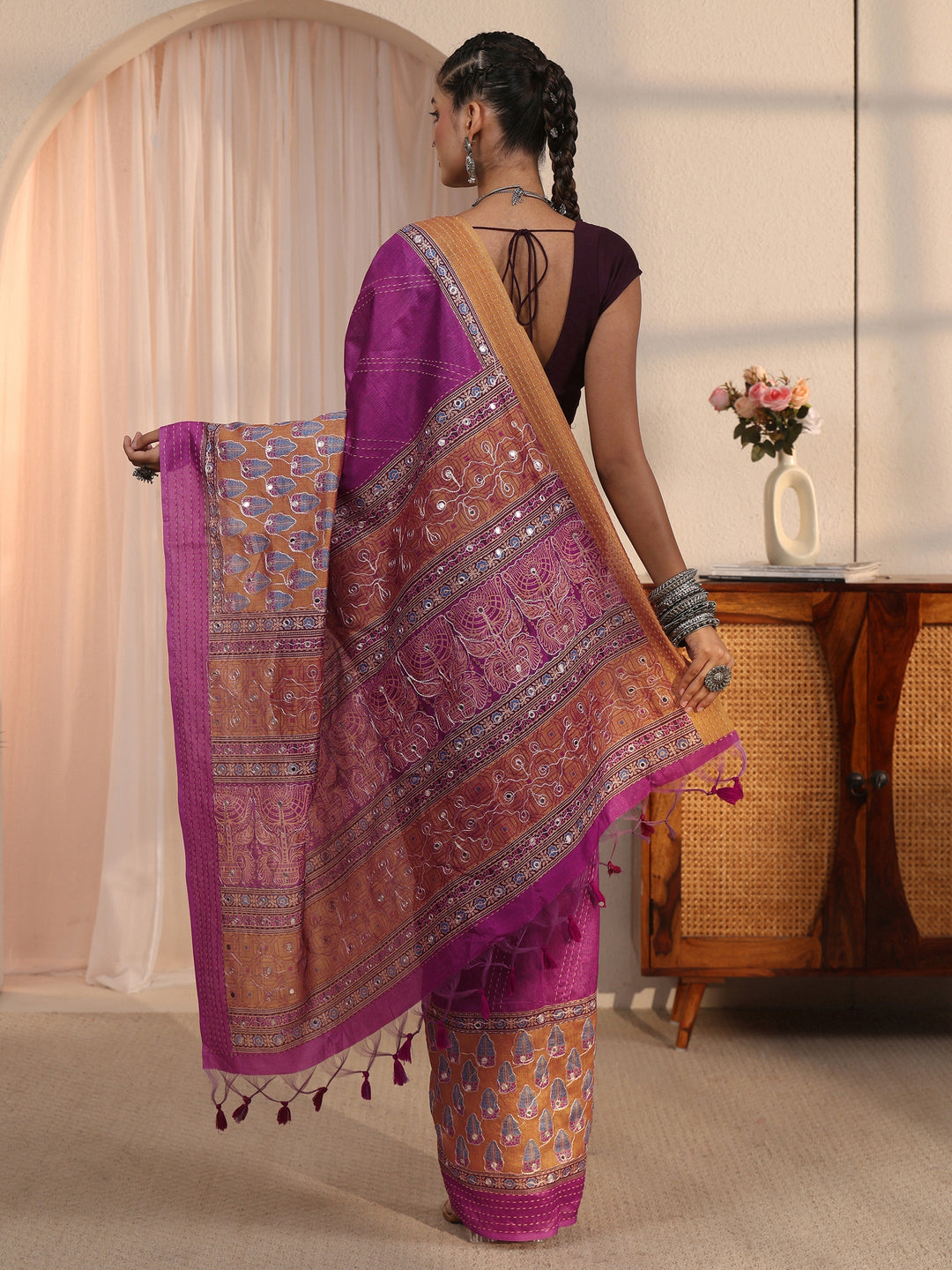  Libas Purple Printed Silk Blend Tassel Saree with Mirror Work 