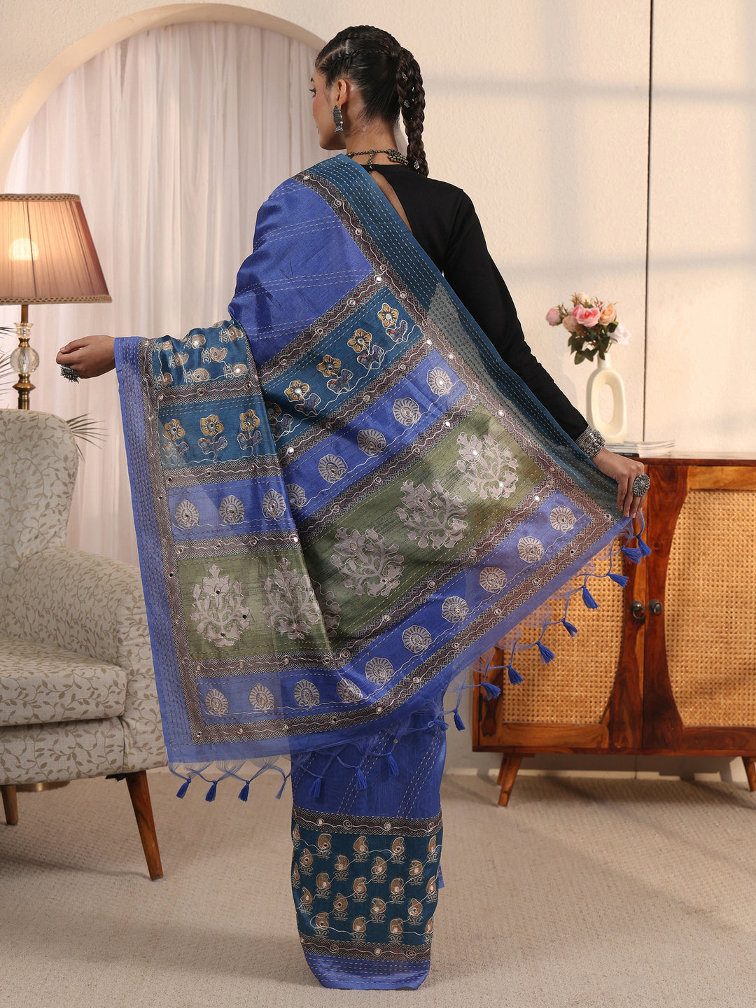 Libas Blue Printed Silk Blend Tassel Saree with Mirror Work 