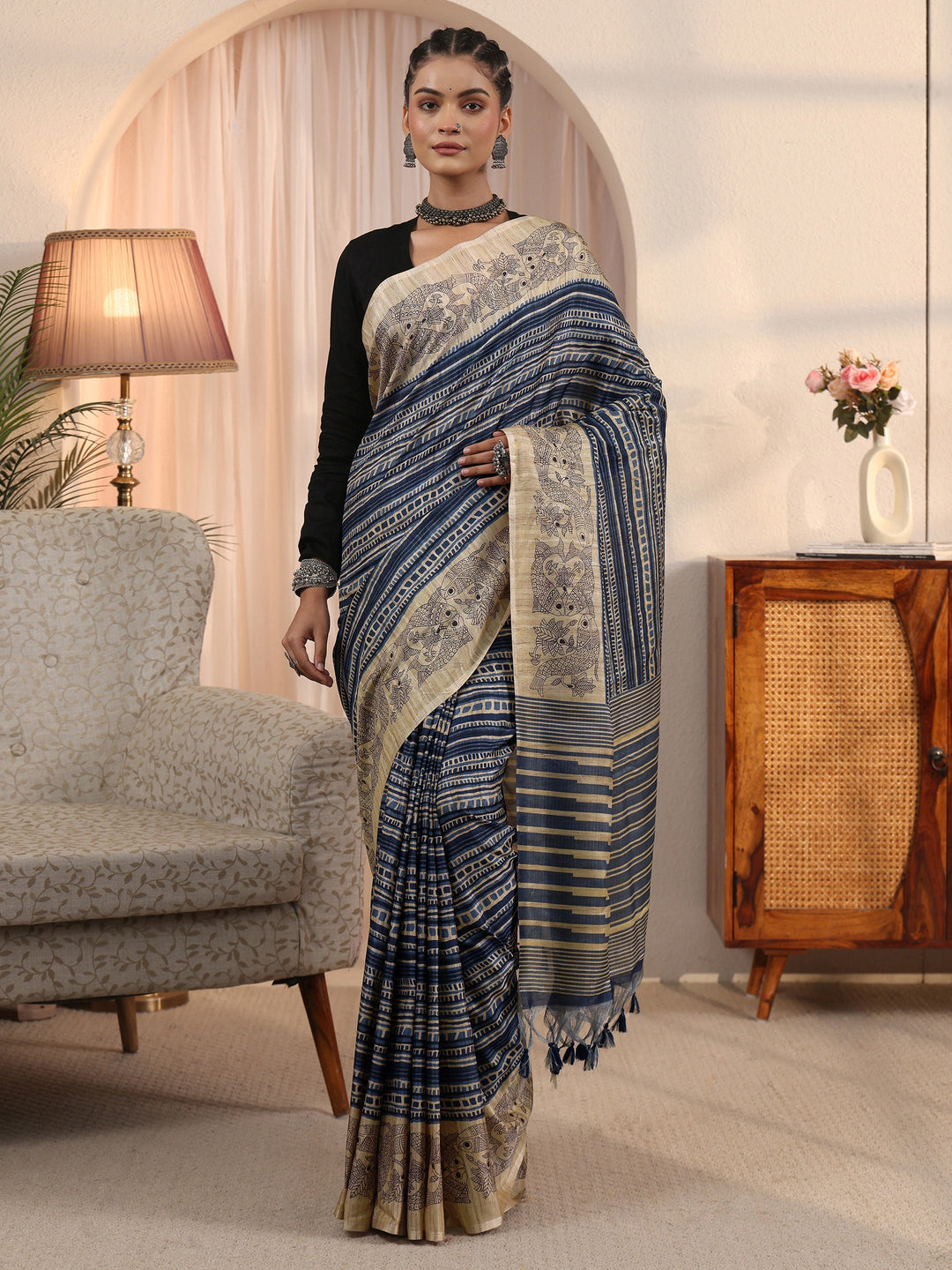  Libas Blue Striped Printed Silk Blend Tassel Saree with Madhubani Border 