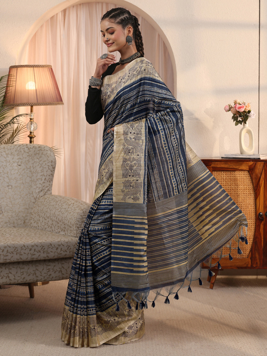  Libas Blue Striped Printed Silk Blend Tassel Saree with Madhubani Border 