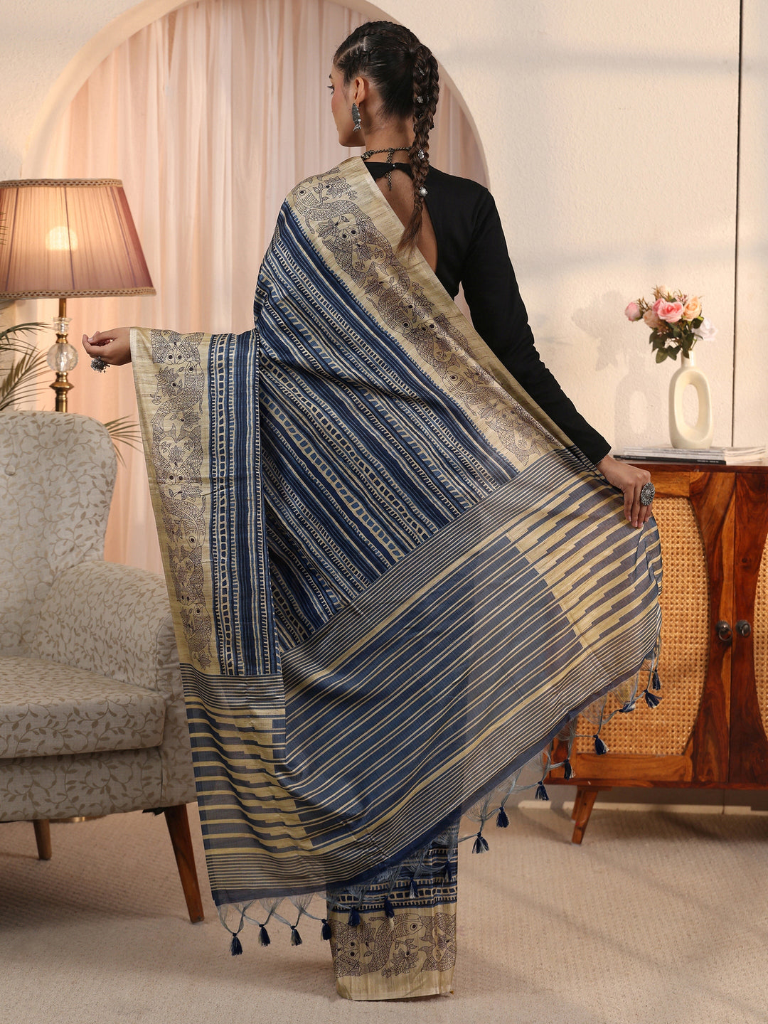  Libas Blue Striped Printed Silk Blend Tassel Saree with Madhubani Border 