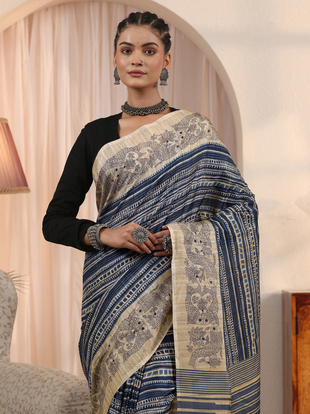 Libas Blue Striped Printed Silk Blend Tassel Saree with Madhubani Border 