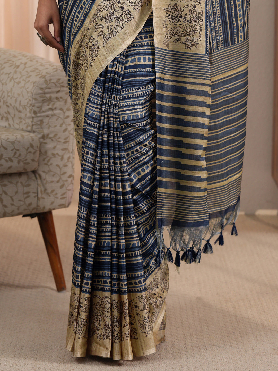  Libas Blue Striped Printed Silk Blend Tassel Saree with Madhubani Border 