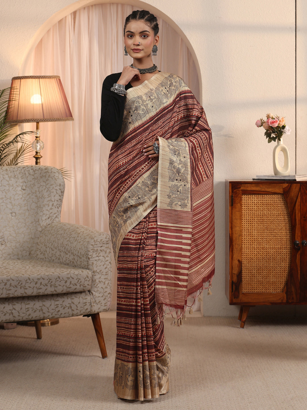  Libas Rust Striped Printed Silk Blend Tassel Saree with Madhubani Border 