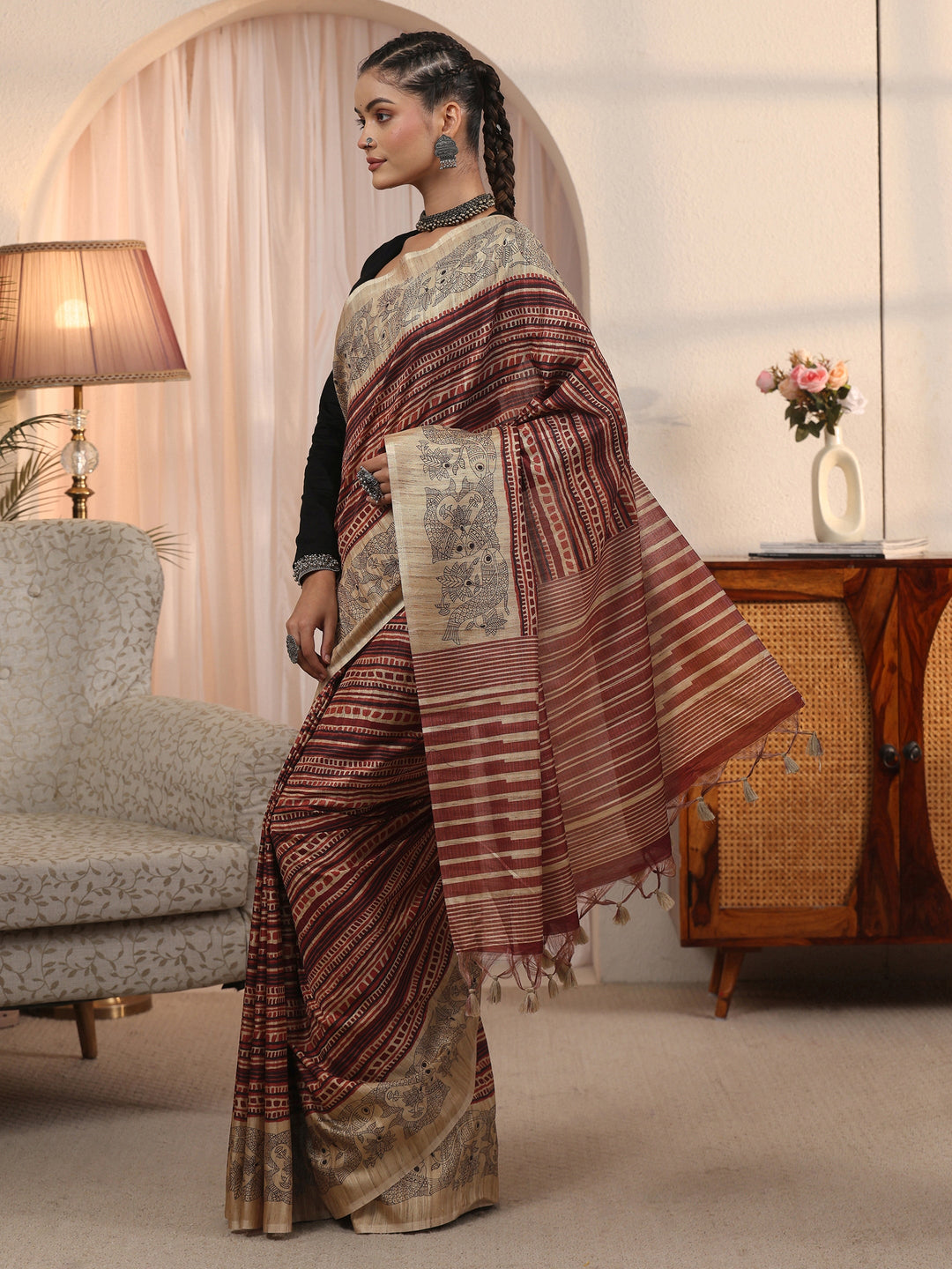  Libas Rust Striped Printed Silk Blend Tassel Saree with Madhubani Border 