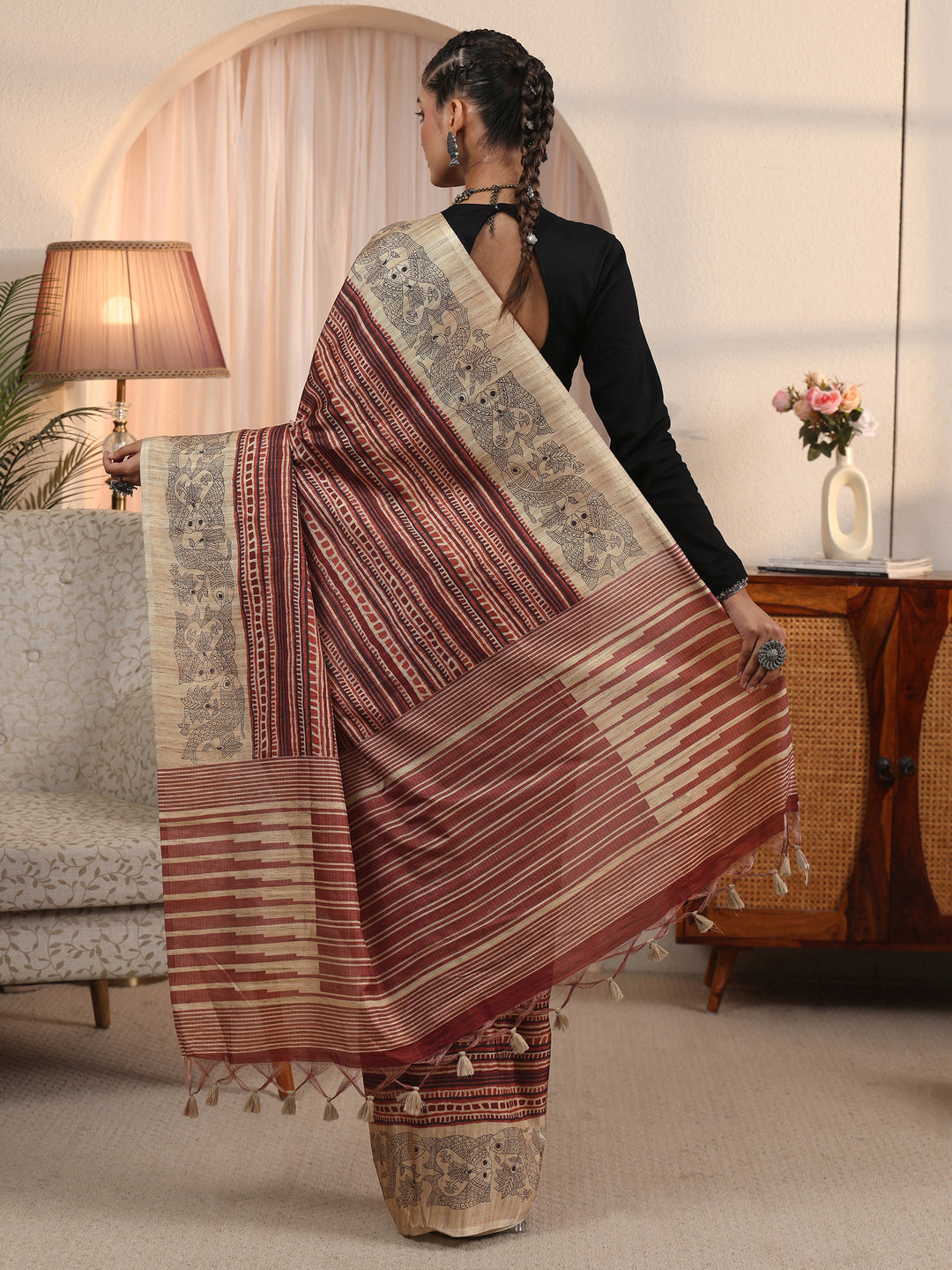  Libas Rust Striped Printed Silk Blend Tassel Saree with Madhubani Border 