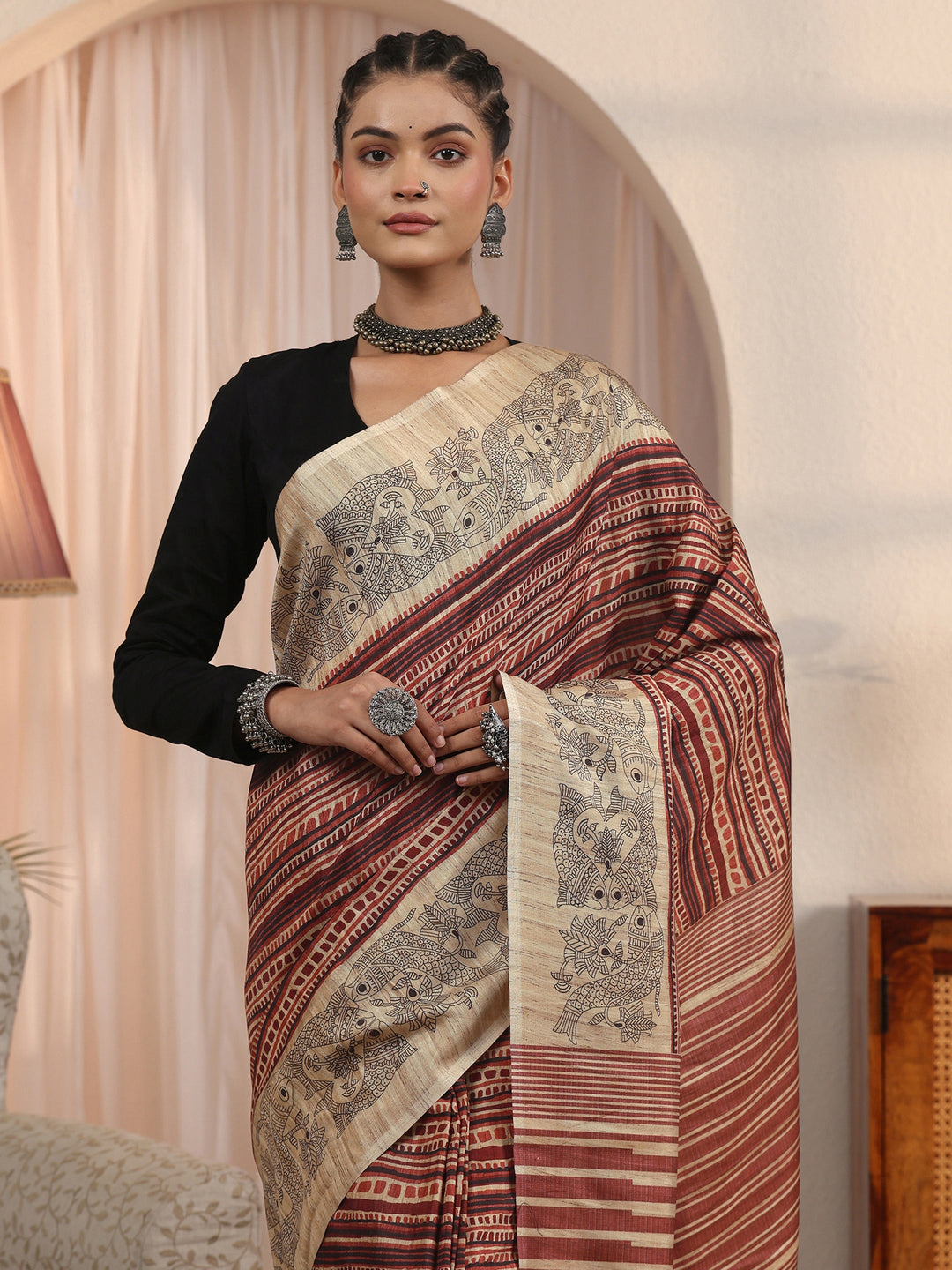  Libas Rust Striped Printed Silk Blend Tassel Saree with Madhubani Border 