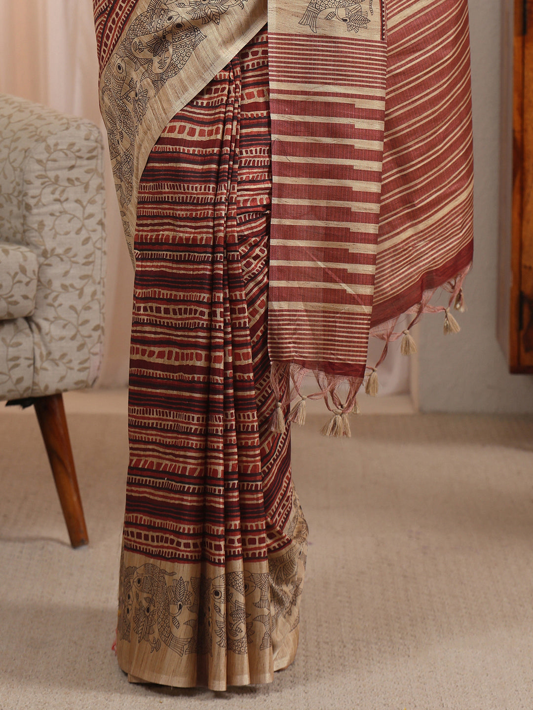  Libas Rust Striped Printed Silk Blend Tassel Saree with Madhubani Border 