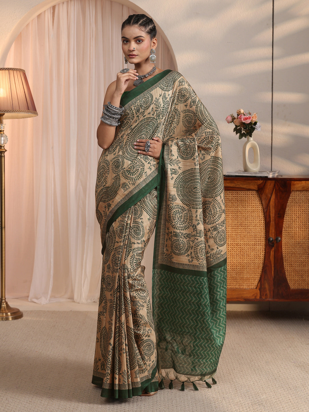  Libas Beige and Green Warli Printed Silk Blend Tassel Saree 