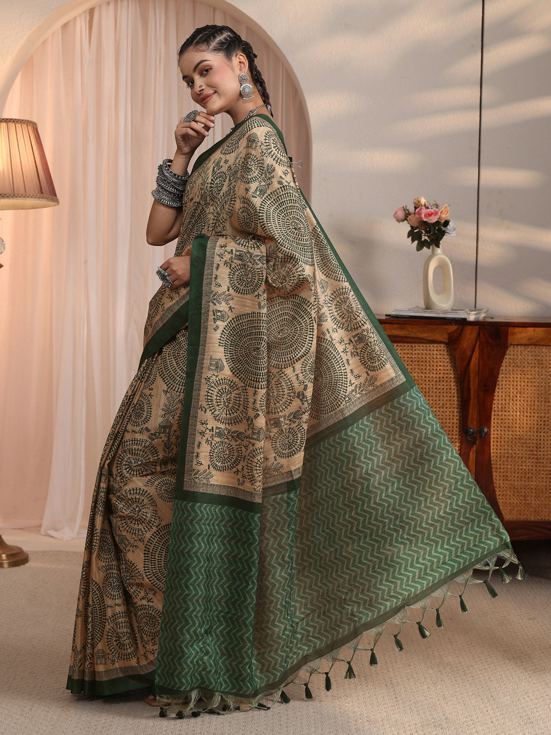  Libas Beige and Green Warli Printed Silk Blend Tassel Saree 