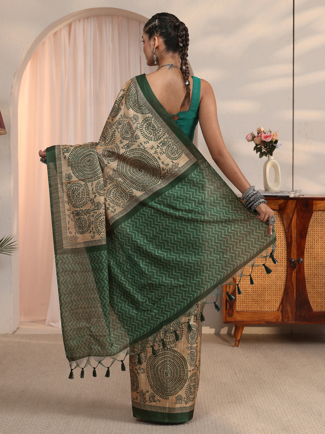  Libas Beige and Green Warli Printed Silk Blend Tassel Saree 
