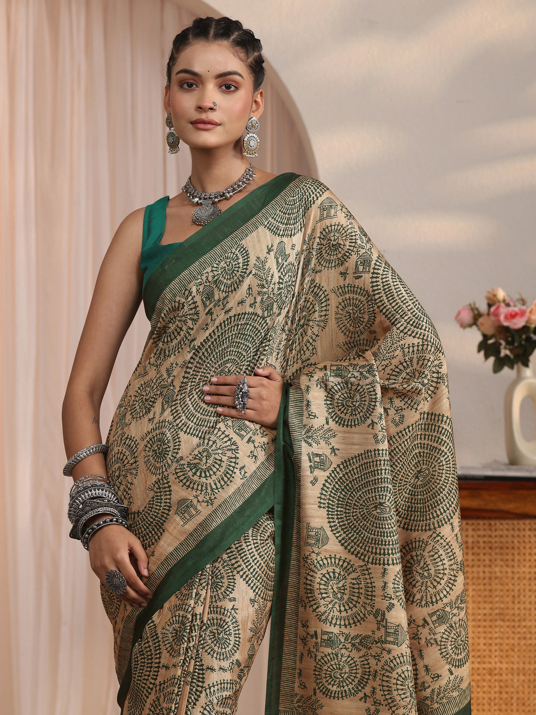  Libas Beige and Green Warli Printed Silk Blend Tassel Saree 