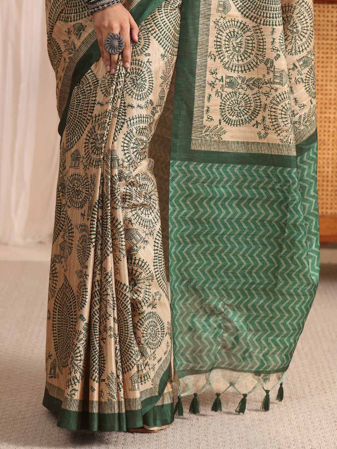  Libas Beige and Green Warli Printed Silk Blend Tassel Saree 