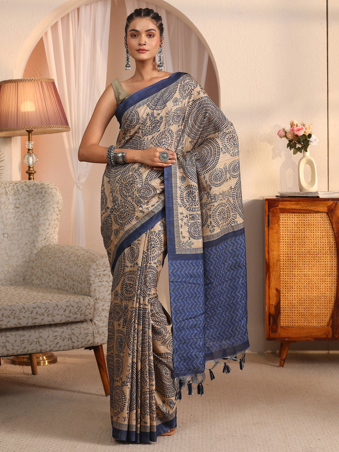  Libas Beige and Blue Warli Printed Silk Blend Tassel Saree 