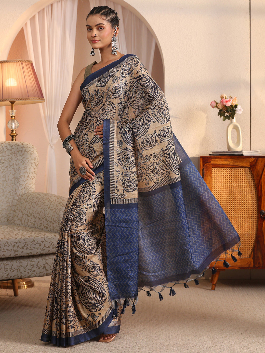  Libas Beige and Blue Warli Printed Silk Blend Tassel Saree 