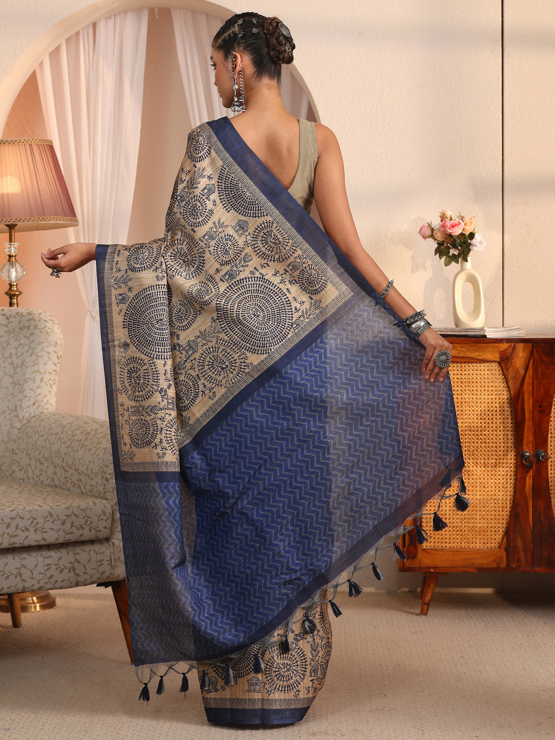  Libas Beige and Blue Warli Printed Silk Blend Tassel Saree 