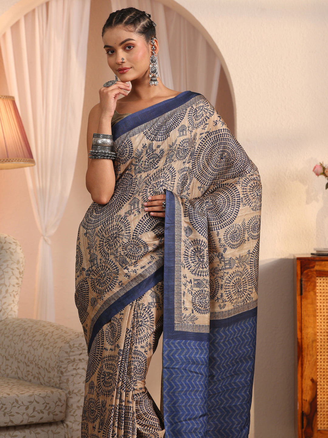  Libas Beige and Blue Warli Printed Silk Blend Tassel Saree 
