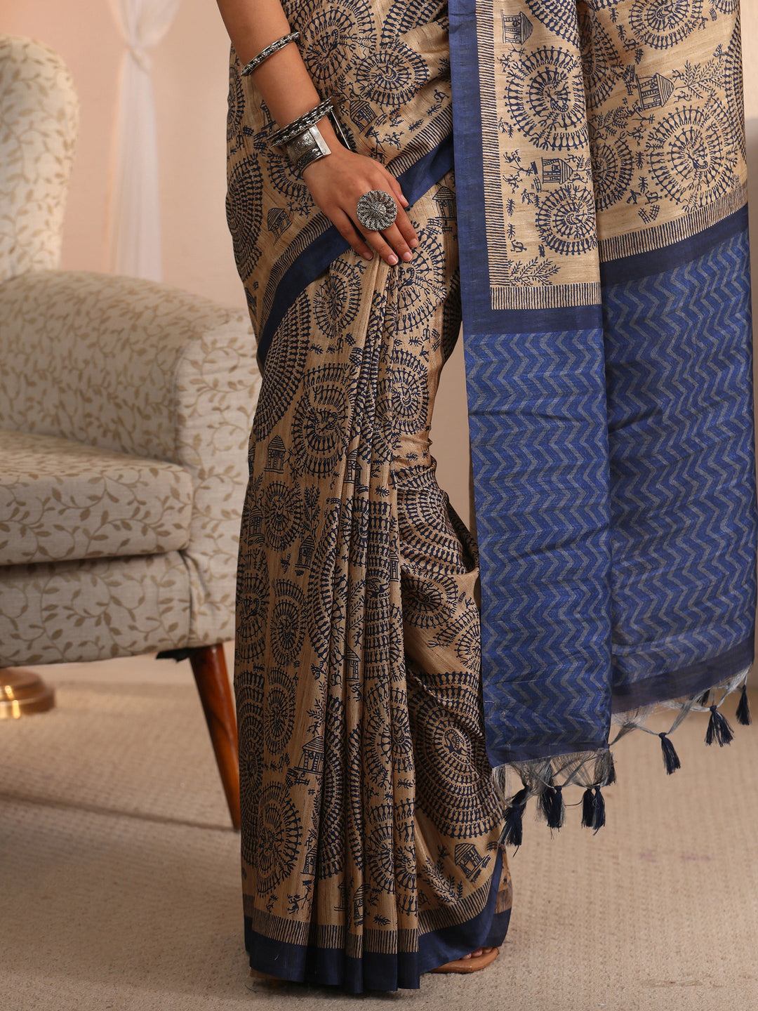  Libas Beige and Blue Warli Printed Silk Blend Tassel Saree 