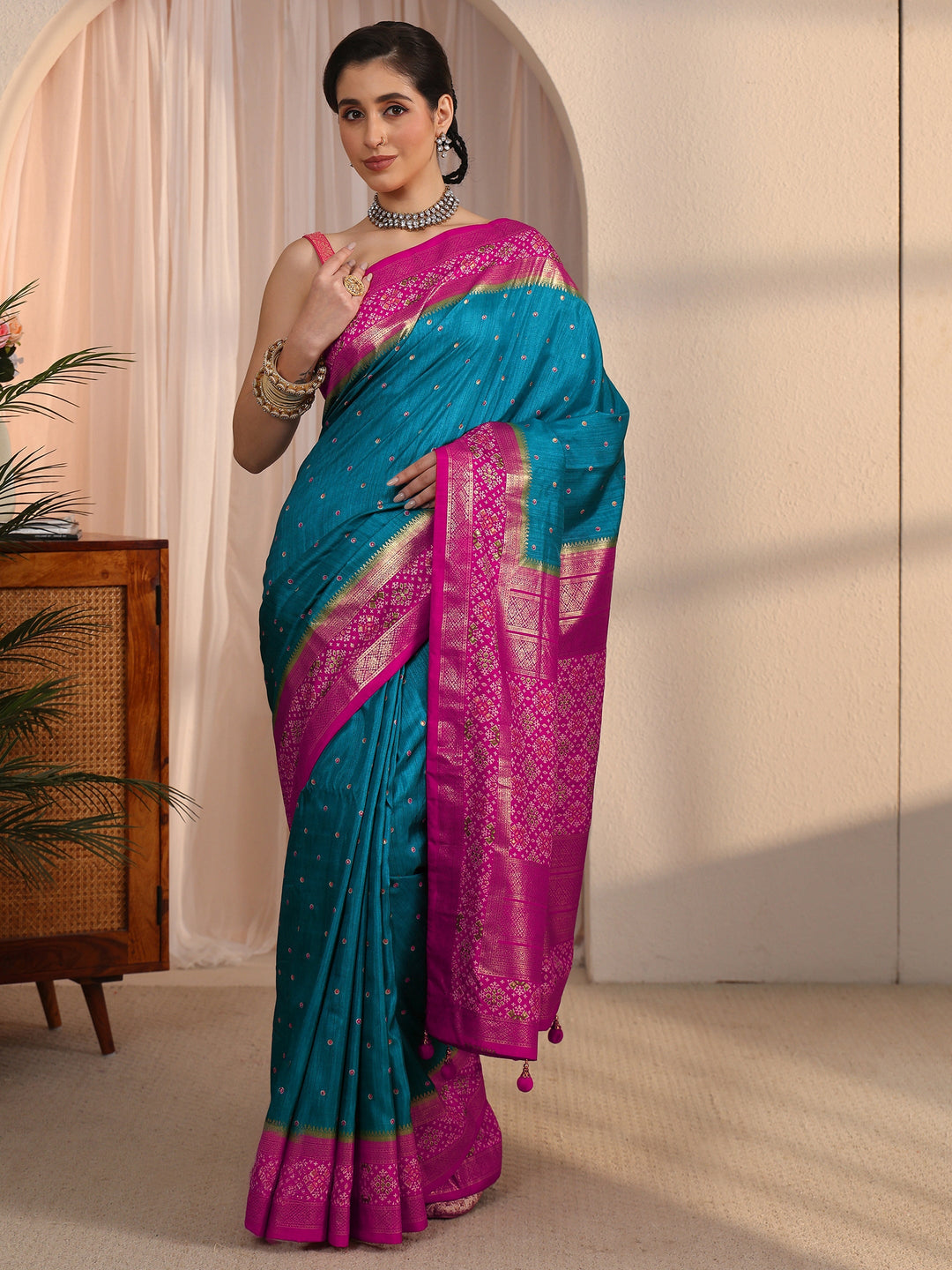  Libas Blue and Pink Foil Printed Silk Blend Saree 