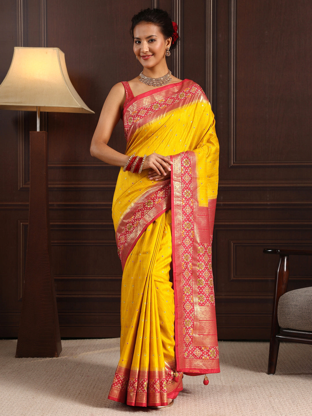  Libas Mustard Mirror Work Patola Pallu Silk Blend Saree 