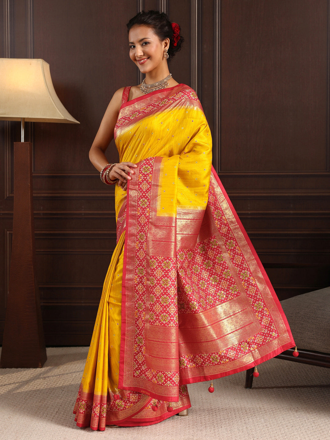  Libas Mustard Mirror Work Patola Pallu Silk Blend Saree 