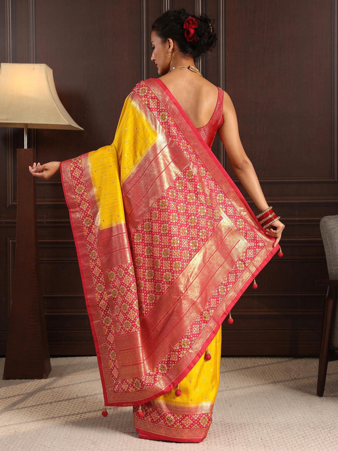  Libas Mustard Mirror Work Patola Pallu Silk Blend Saree 