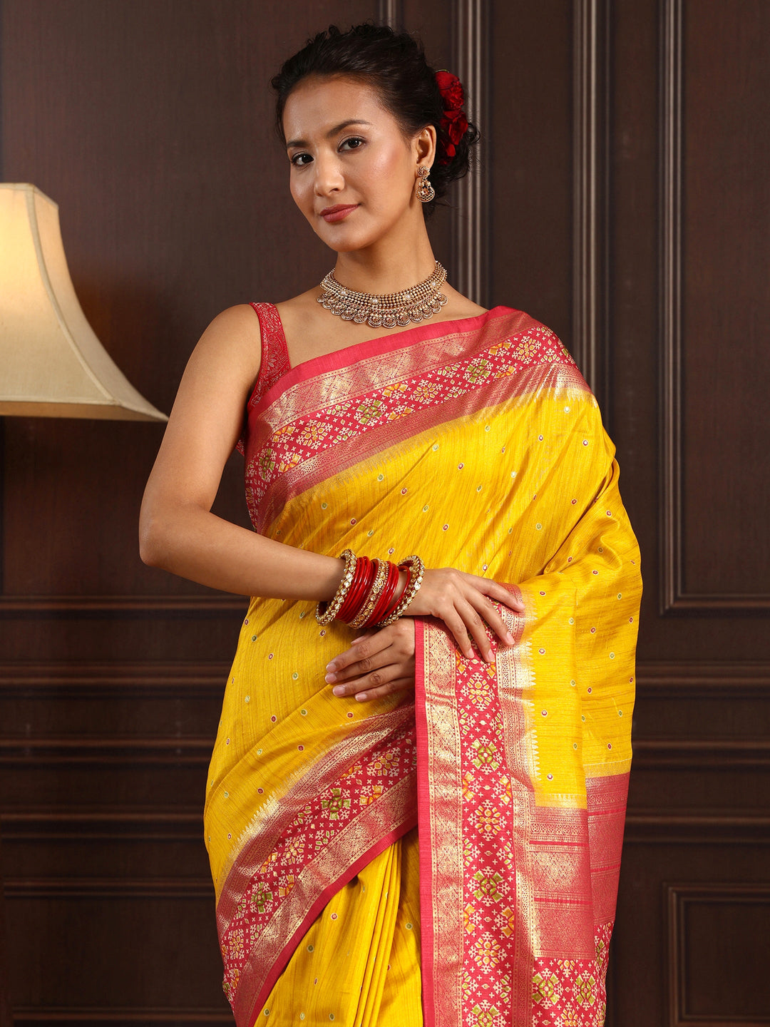  Libas Mustard Mirror Work Patola Pallu Silk Blend Saree 