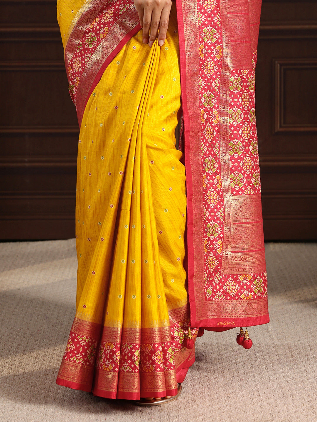  Libas Mustard Mirror Work Patola Pallu Silk Blend Saree 