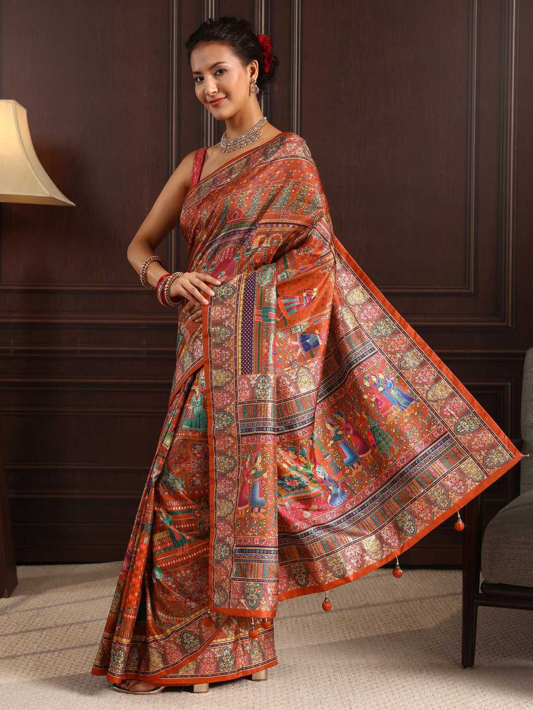  Libas Art Black Mughal Design Digital Print Silk Blend Saree 
